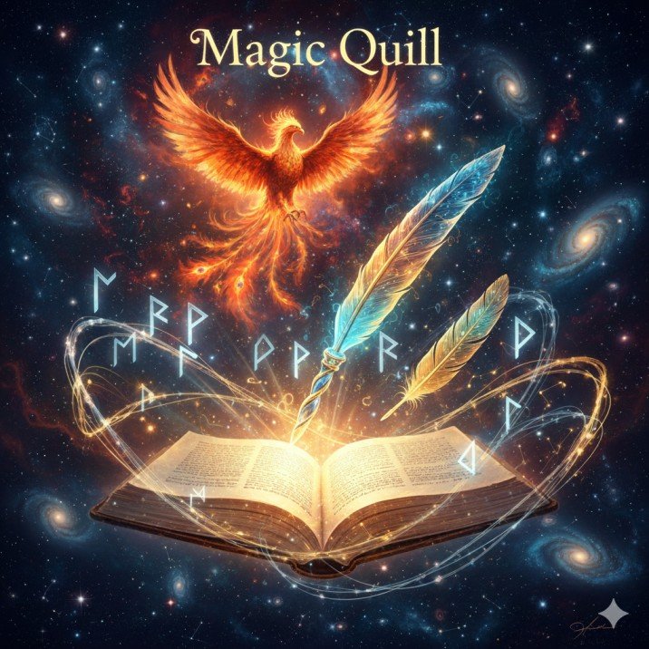 Magic Quill glowing above a mythic book with cosmic symbols